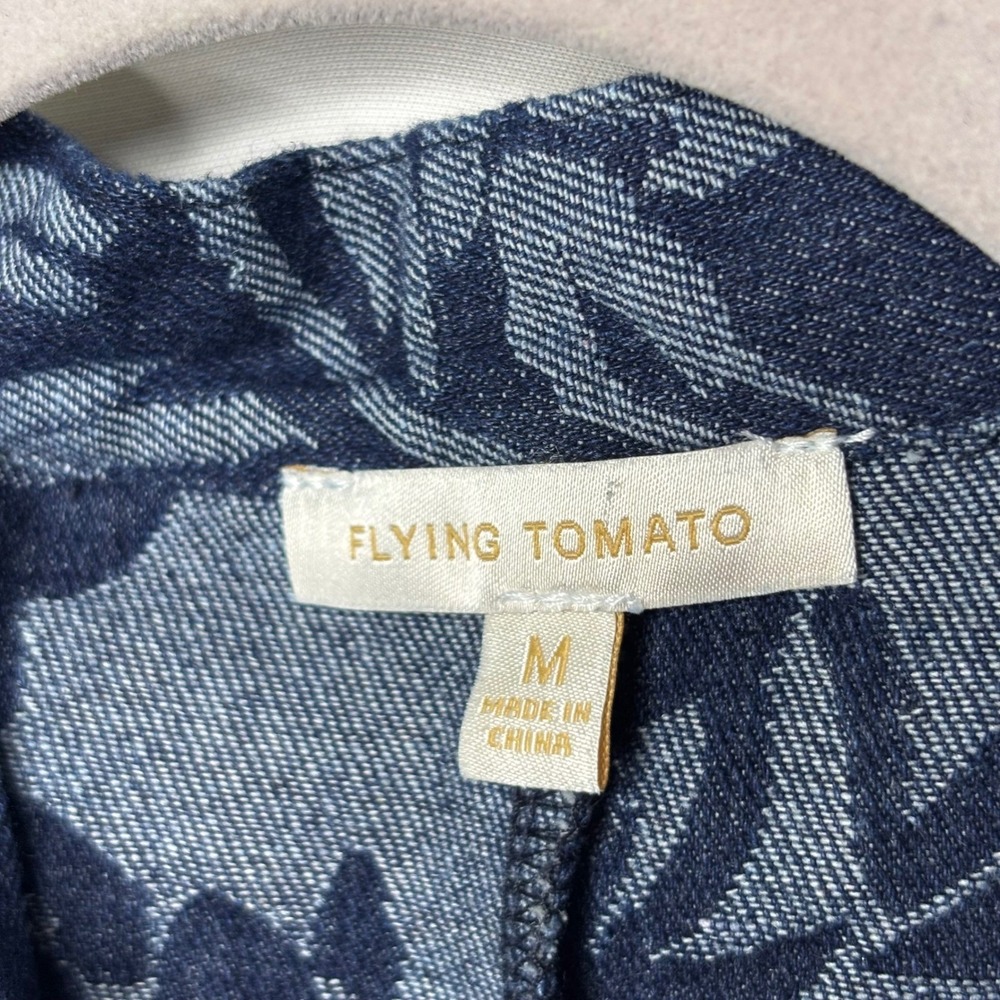 Flying Tomato Denim Mini Dress Size M Floral Print Balloon Sleeve Tie Neck - Picture 8 of 11